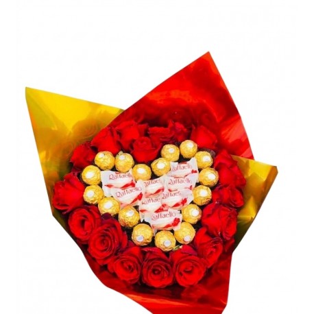 Buquê 19 Rosas Nacionais + 17 Ferreros + 8 Raffaellos