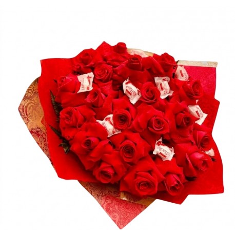 Buquê 20 Rosas Importadas + 9 Raffaellos